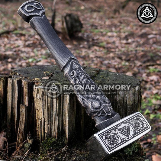 RA-93 Forged Norse Hammer with Carved Odin Handle, Viking War Hammer Handmade, Hammer For Adventure, Gift For Him. Gift for Men, - Ragnar Armory